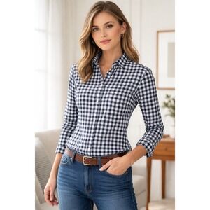 J.Crew Black White Gingham Cotton Button Front Blouse Small Long Sleeve Shirt